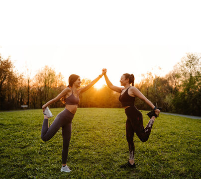 Side view of smiling athletic female runners holding hands and stretching legs while supporting each other during workout in park at sunset