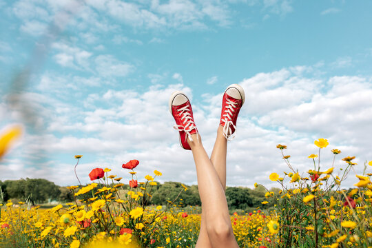 Crop unrecognizable female in bright footwear lying with crossed legs among blossoming daisies under cloudy blue sky in countryside
