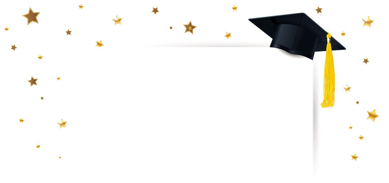 Graduate Cap and Diploma with Confetti of Gold Stars