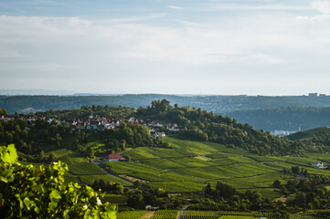 Beautiful view of a vineyard panorama with a funerary chapel on a hill in the background near Stuttgart, Germany.