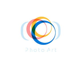Camera Abstract vector logo template, minimal design logotype concept for digital art studio, photo studio, photographer and photo editor app, isolated on black background