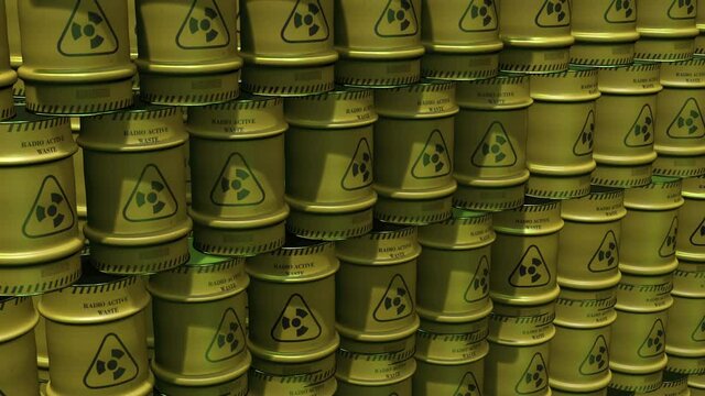 Radioactive waste in yellow containers in 4k video.