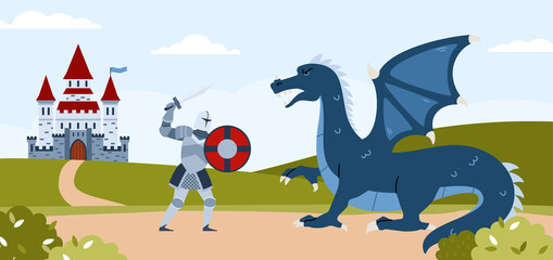 Knight fighting with dragon at backdrop of landscape flat vector illustration.