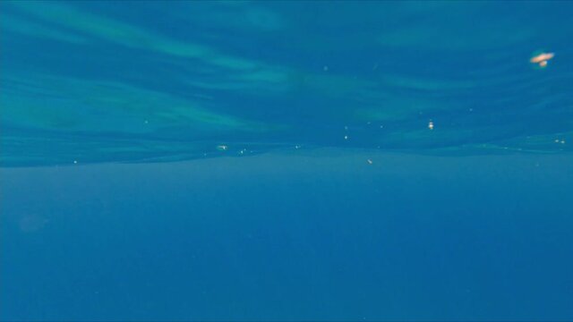 Diving under sea surface in bay. Water, underwater camera, slow motion.
