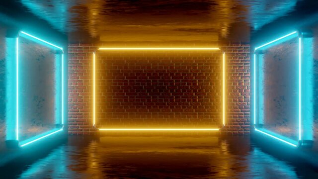 Abstract background with bright blue and orange spectrum. A neon rectangle appears on a brick wall. UV light glowing neon colors. Abstract background with neon rectangle