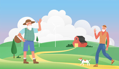 Old people greet vector illustration. Cartoon elderly man villager characters greeting and waving, male pet owner walking dog in village summer landscape with road, houses and windmills background