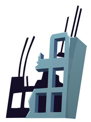 Destroyed building after earthquake, storm, tornado, natural disaster. Derelict broken house after war. Cartoon game object isolated on white background.