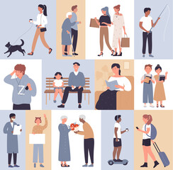 People in lifestyle activity scenes vector illustration set. Cartoon active happy woman man walk dog, listen to music and hold fishing rod, fashion girl shopping, elderly male character giving flowers