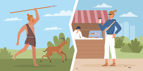 Ancient caveman, modern man life evolution comparison vector illustration. Cartoon primitive cave hunter young male character with stone spear hunting, guy holding coffee cup walking in street market