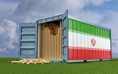 Freight Container with Iran flag filled with Gold bars. Some Gold bars scattered on the ground - 3D Rendering