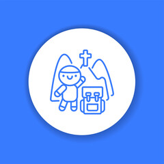 Pilgrimage glyph icon. Cute character with backpack kawaii pictogram.