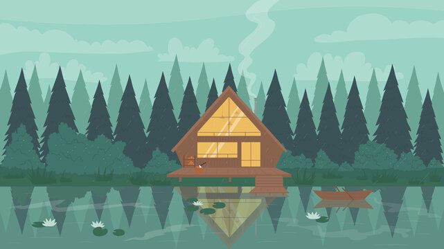 Fisherman modern wooden stilt house in forest vector illustration. Cartoon mountain landscape, reflection of riverside cabin cottage with window lighting in calm waters of lake or river background