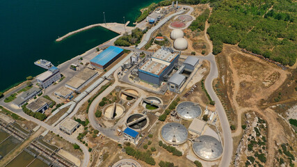 Aerial drone photo of latest technology sewage treatment plant and sludge drying facilities located...