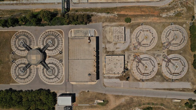 Aerial drone photo of latest technology sewage and sludge processing plant in small island of Psitalia or Psyttaleia, Piraeus, Attica, Greece