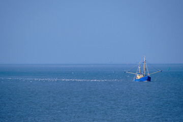 Obraz premium Ameland, Netherlands-April,19,2021: Fishing boat, nets and seagulls on the Wadden Sea. Fisherman conflict escalates: British, French and Dutch arguing over North Sea and electric pulse fishing