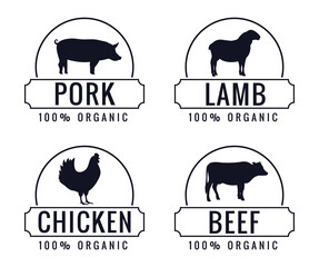 Collection of organic farm meat labels with farm animals. Silhouettes of chicken, cow, sheep and pig.  For menu, packing, restaurant, butcher shop,  web.Hand drawn vector illustration.