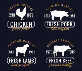 Collection of meat labels with farm animals. Silhouettes of chicken, cow, sheep and pig.  For menu, packing, restaurant, butcher shop,  web.Hand drawn vector illustration.Organic food, fresh farm meat