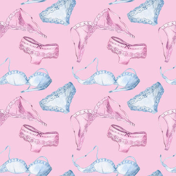 Elegant and tender watercolor illustration of the French lingerie on a soft pink background. Seamless pattern. Perfect for lingerie stores wrapping paper.