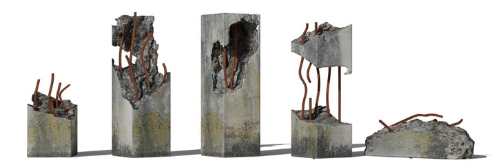 set of damaged concrete pillars isolated with shadow on white background