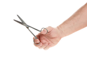 Hand holds medical scissors on a white background, template for designers.