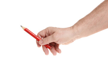 Hand holds a red construction pencil on a white background