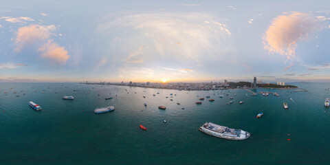 360 panorama by 180 degrees angle seamless panorama of aerial view of Pattaya sea, beach in...