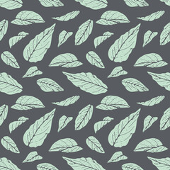 Seamless pattern with modern minimalist Turquoise line art leaves. Stock vector illustration.