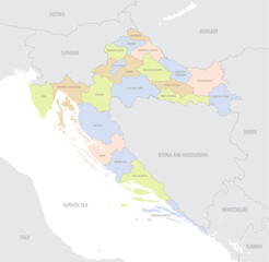 Obraz premium Detailed location map of Croatia in Europe with administrative divisions of the country, vector illustration
