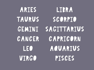 Zodiac lettering Vector Sign. Cartoon astrology text illustration. Horoscope handwritten icon set.