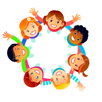 Happy Friendship Day greeting card illustration of diverse children group circle holding hands from top view angle. Friend love concept for special event celebration. Cartoon vector illustration.