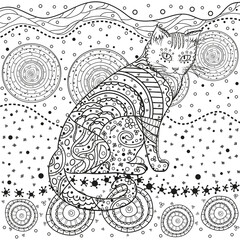 Eastern pattern. Mandala with cat. Hand drawn circle zendala with abstract patterns on isolation background. Design for spiritual relaxation for adults. Black and white illustration for coloring.