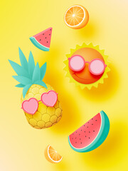 Tropical fruits and ice cream in paper art style and pastel color scheme