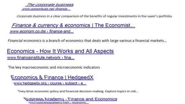 Internet search results for financial services and information with The links of imaginary no-existing websites move on display, close up.