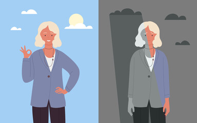 Young woman with happy or bad mood vector illustration. Cartoon sad female character has emotional mental problems, standing under stress clouds and rain, smiling