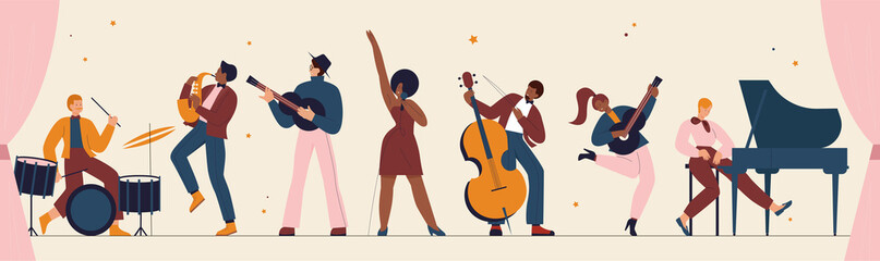 International jazz day, retro music festival party panorama concert vector illustration. Live music band playing musical instrument, woman singer and musicians with saxophone piano drum background - obrazy, fototapety, plakaty