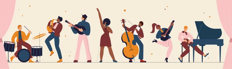 Fototapeten International jazz day, retro music festival party panorama concert vector illustration. Live music band playing musical instrument, woman singer and musicians with saxophone piano drum background © Flash concept