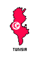 Obraz premium Republic of Tunisia, 8 bit pixel art african country map with flag isolated on white background. Old school vintage retro 80s, 90s computer, video game graphics. Slot machine design element.