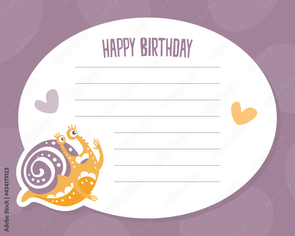 Sticker Happy Birthday Card with Cute Snail Character as Gastropod with Coiled Shell Vector Template