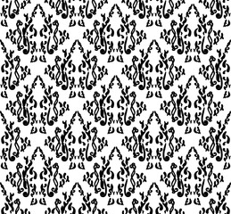 Seamless damask black ornament on white background. Vintage pattern jpeg illustration. Baroque swirls wallpaper