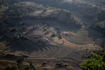 Viewpoint looking over terraced rice fields during sunset, Myanmar