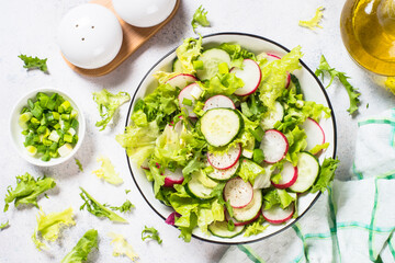 Green salad with fresh leaves, radish, cucumber and ollive oil. Spring healthy dish, vitamin-rich salad.