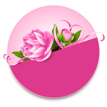 Pink peony with heart shaped ribbon - Colorful label paper circle 