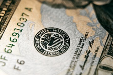 Close up macro shot of federal reserve stamp on the US dollar bill