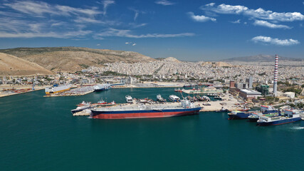 Aerial drone photo of logistics and container terminal of Perama near commercial port of Piraeus, Attica, Greece
