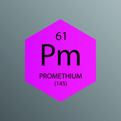 Pm Promethium Lanthanide Chemical Element Periodic Table. Hexagon vector illustration, simple clean style Icon with molar mass and atomic number for Lab, science or chemistry education.