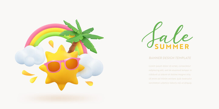 Tropical Summer Offer 3d banner design. Realistic render scene palm tree, sun, rainbow, cloud. Tropic promo sale, Holiday web poster, seasonal discount, coupon brochure, voucher. Summertime layout