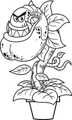 Outlined Angry Evil Carnivorous Plant Cartoon Character. Vector Hand Drawn Illustration Isolated On Transparent Background