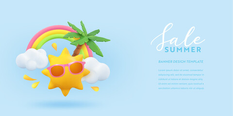 Summer Sale 3d banner design. Realistic render scene tropical palm tree, sun, rainbow, cloud. Tropic promo offer, Holiday web poster, seasonal discount, coupon brochure, voucher. Summertime layout