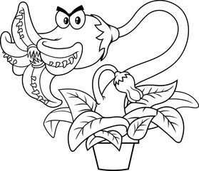 Naklejka premium Outlined Angry Evil Carnivorous Plant Cartoon Character. Vector Hand Drawn Illustration Isolated On Transparent Background