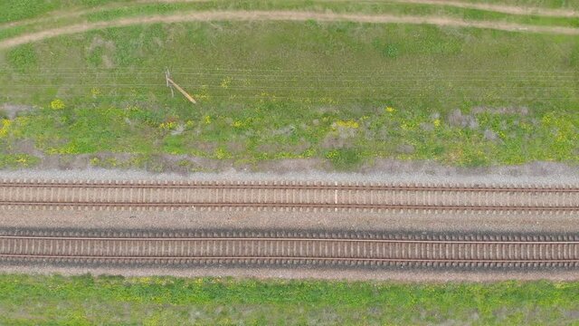 Railroad top view empty aerial drone side slow camera movement